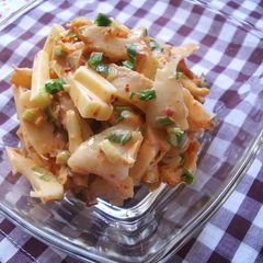 A picture of Chikuwa and Cheese in Kimchi-Mayonnaise Sauce.