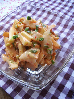 A picture of Chikuwa and Cheese in Kimchi-Mayonnaise Sauce.