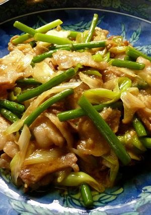 A picture of Stamina Building Garlic Shoots & Pork Belly Miso Stir-fry.