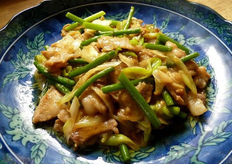 Recipe of Any-night-of-the-week Stamina Building Garlic Shoots &amp; Pork Belly Miso Stir-fry