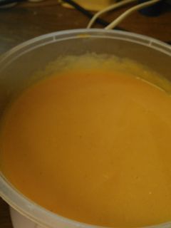 A picture of Creamy Sweet potato & butternut squash soup. Makes 4 servings (425 ml) 126 cals bowl.