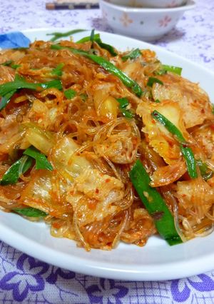 A picture of Pork, Kimchi and Cellophane Noodles Stir-fry.
