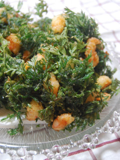 A picture of Carrot Tops and Shrimp Kakiage Fritters.