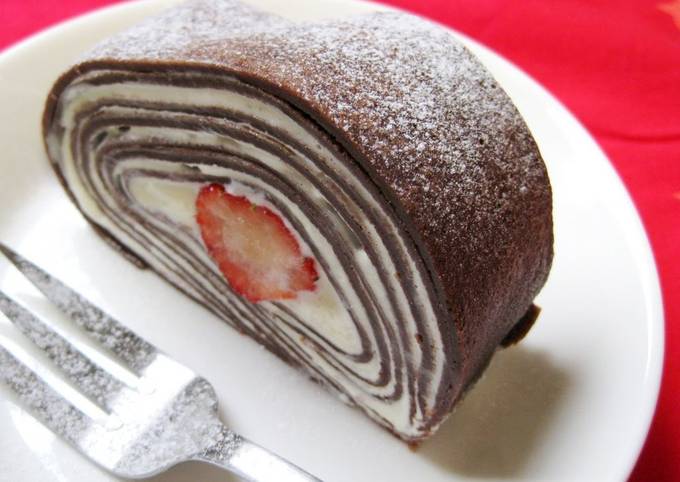 Cocoa Crepe Roll Cake with Whole Strawberries