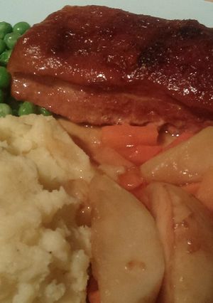 A picture of Vickys Roast Belly of Pork w/ Apple & Cider Gravy GF DF EF SF NF.