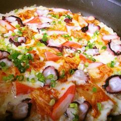Seafood Kimchi Rice Pizza A picture of Seafood Kimchi Rice Pizza.