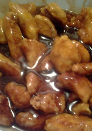 A picture of Panda express orange chicken.