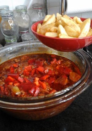 A picture of My Chorizo and Chili Beef Bake with Homemade Chips 😊.