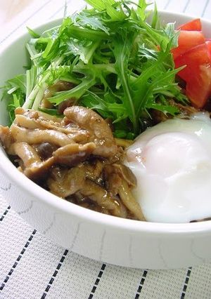 A picture of Sweet and Spicy Mushroom and Pork Rice Bowl.