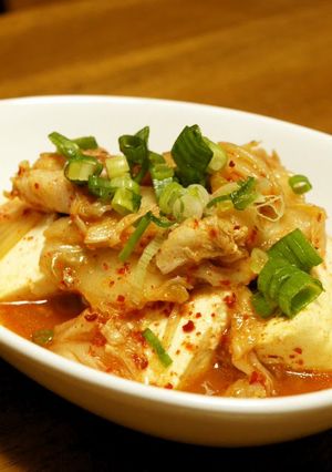 A picture of Super Quick Kimchi & Tofu Simmer in the Microwave.
