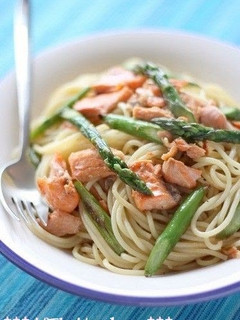 A picture of Salmon and Asparagus Pasta with Butter and Soy Sauce.
