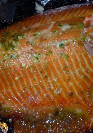A picture of sweet and spicy salmon.