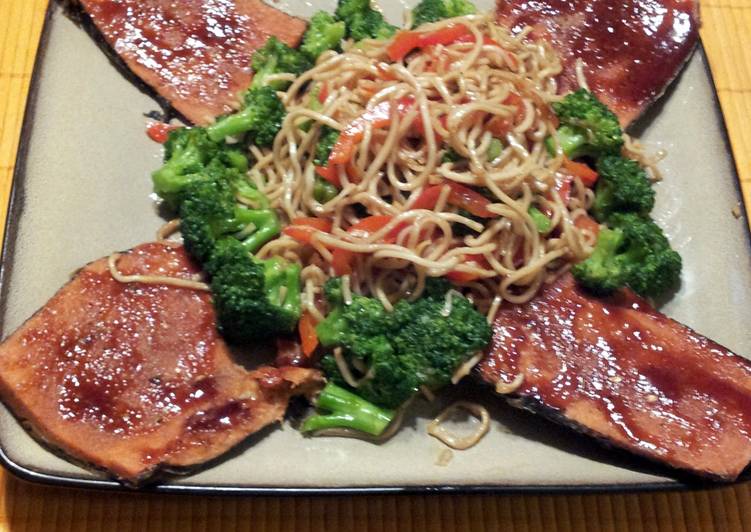 vegan honey barbaque fish with vegetable lomain noodles