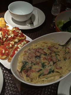 A picture of Fettuccini and Bacon Carbonara with Parmesan.