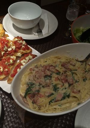 A picture of Fettuccini and Bacon Carbonara with Parmesan.
