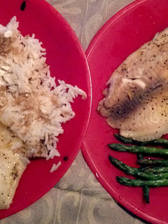 A picture of Tilapia, Asparagus, White Rice.