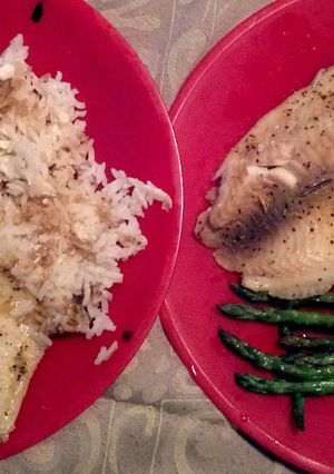A picture of Tilapia, Asparagus, White Rice.