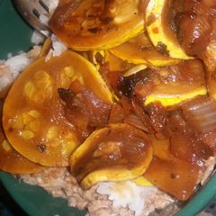 A picture of Teriyaki squash&onions w tuna and jasmine rice.