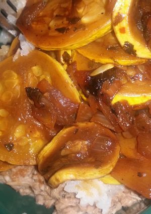 A picture of Teriyaki squash&onions w tuna and jasmine rice.