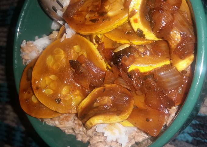 Teriyaki squash&amp;onions w tuna and jasmine rice