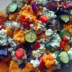 A picture of Vickys Herby Cous Cous with Roasted Vegetables, GF DF EF SF NF.