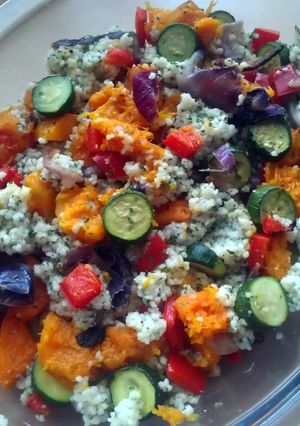 A picture of Vickys Herby Cous Cous with Roasted Vegetables, GF DF EF SF NF.