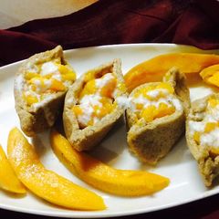 A picture of Paneer boats with mango stuffing.