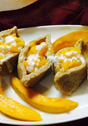 A picture of Paneer boats with mango stuffing.