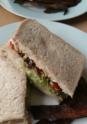 A picture of Vickys Aubergine / Eggplant 'Bacon', GF DF EF SF NF VEGAN.