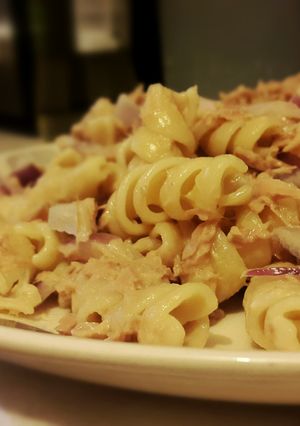 A picture of Tuna Pasta with Salad Cream & Red Onions.