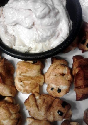 A picture of Apple Mummies with Cream Cheese Puss Dip * Halloween *.