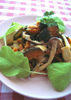 A picture of Warm Kabocha Squash and Mushroom Salad with Miso Mayonnaise.