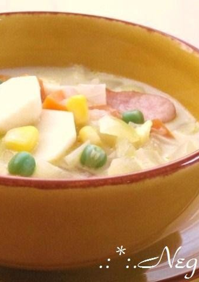 A picture of Soy Milk Soup with Taro Root, Corn, and Tons of Veggies.