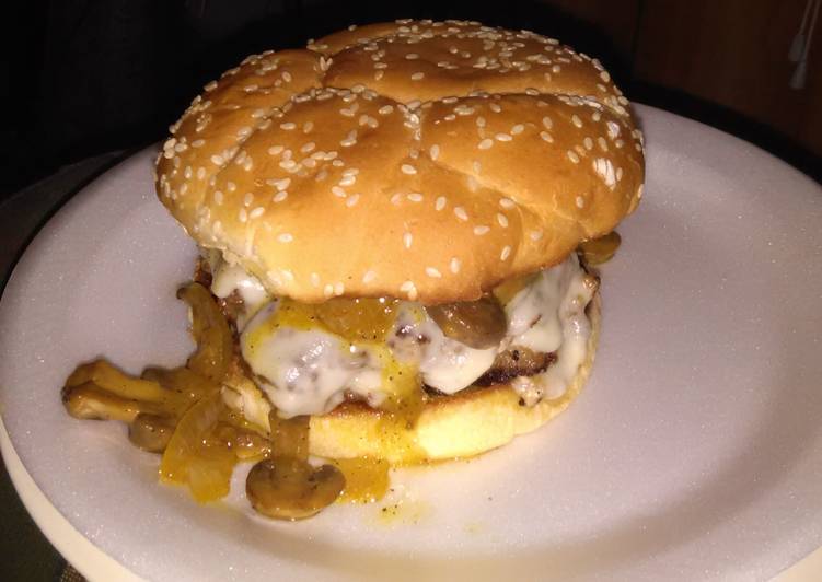 Steps to Make Homemade Cream cheese stuffed burgers this glazed onions and mushrooms