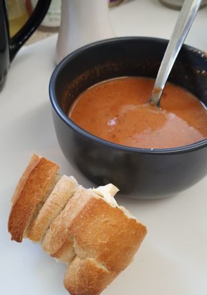 A picture of Just tomato 🍅 soup 🍲. Airfyer.