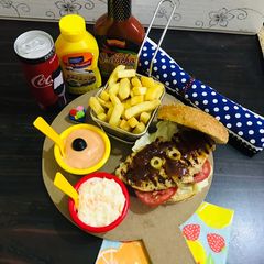 A picture of Chicken buffalo burger meal.