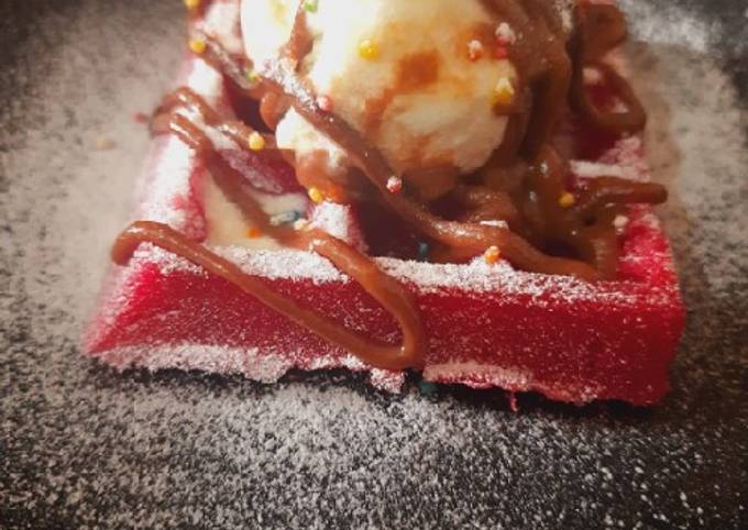 Red velvet waffle with vanilla ice cream