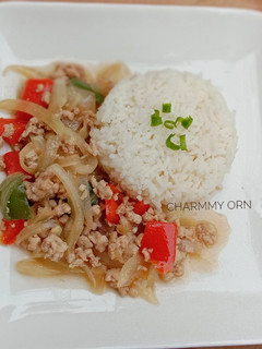 A picture of Stir-Fried Pork with Bell Peppers and Onions.