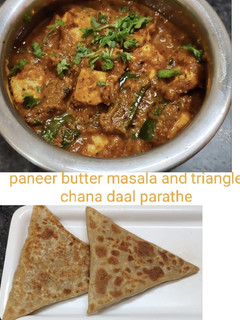 ट्रायएंगल चना दाल पराठा और पनीर बटर मसाला Triangle chana dal paratha aur paneer butter masala Hindi रेसिपी मुख्य फोटो