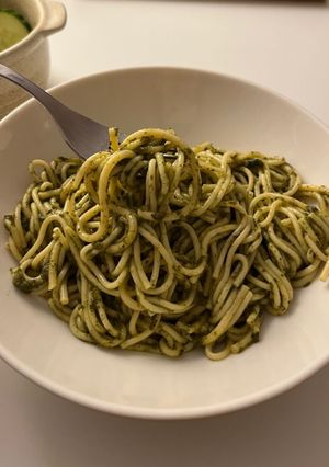 A picture of Pesto pasta.