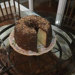 Butter pound cake with chocolate almond frosting A picture of Butter pound cake with chocolate almond frosting.