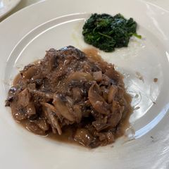 A picture of NY Strip in Brown Butter Sauce with Mushrooms.