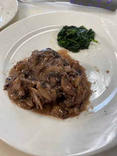 A picture of NY Strip in Brown Butter Sauce with Mushrooms.