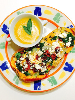 A picture of Butternut Squash Soup & Mediterranean Stuffed Butternut Squash.