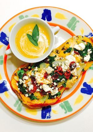 A picture of Butternut Squash Soup & Mediterranean Stuffed Butternut Squash.