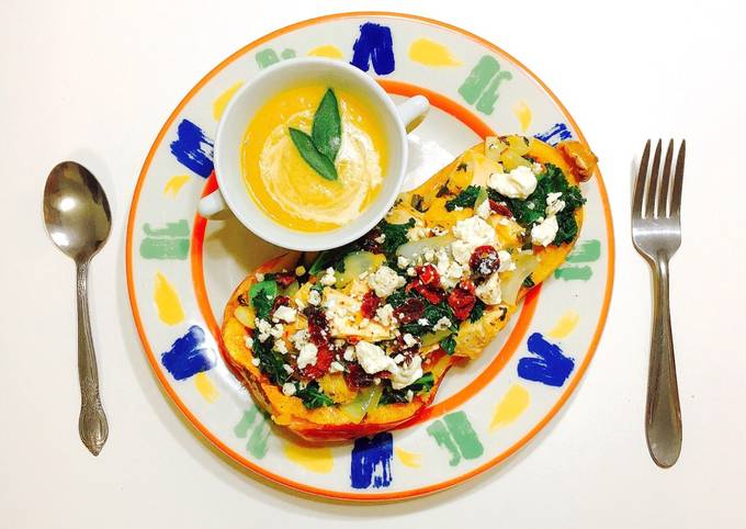 Butternut Squash Soup & Mediterranean Stuffed Butternut Squash