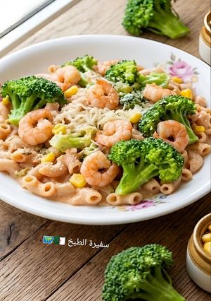 صورة لوصفة مكرونة القمح الكامل🌾 بالبروكلي🥦 و الروبيان🍤