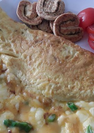 A picture of Sig's Gouda cheese and spring onion omelette.