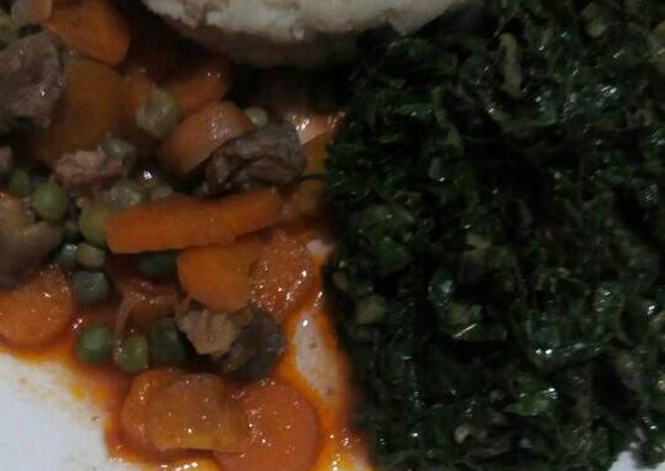 Recipe of Ultimate Ugali with beef stew and fried spinach