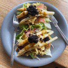 A picture of Toast with salmon og vegetables.